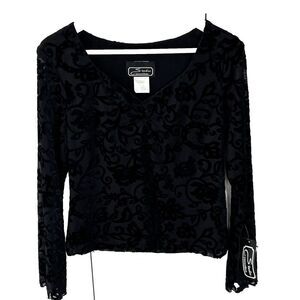 NOS Vintage Velvet Burnout Top Size 12 Black V-Neck Sheer Sleeve Fairy Goth New